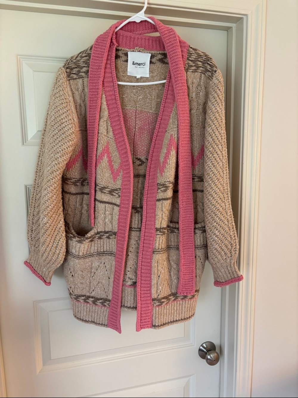 &merci Beige Knit Cardigan with Pink Trim